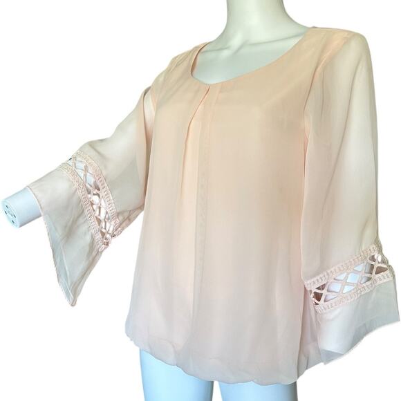 AB Studio Womens medium top sheer pale pink 3/4th bell sleeve chiffon blouse - Picture 6 of 10